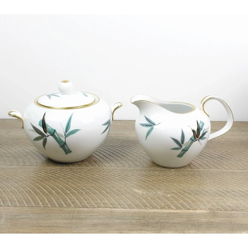 Noritake China 5540 Sugar Bowl‎ and Creamer Teal Bamboo Black Gold Leaves
